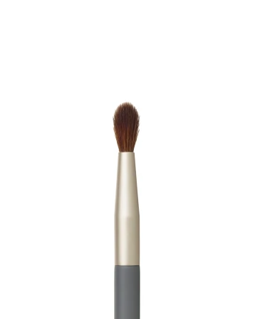 Close-up of Jane Iredale Detail Brush with dense brown bristles, gold ferrule and graphite handle.