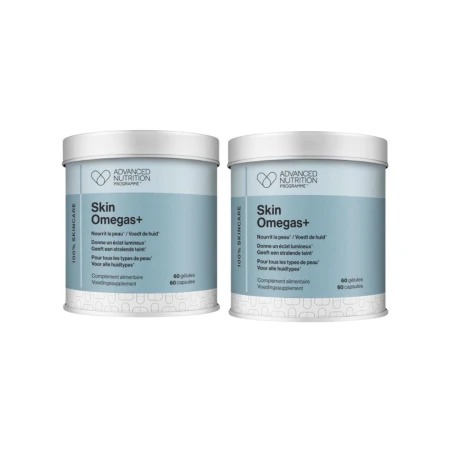 Two Advanced Nutrition Programme Skin Omegas+ blue supplement tins, each containing 60 capsules.