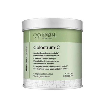 Advanced Nutrition Programme Colostrum-C white supplement tin with green label and 60 capsules.