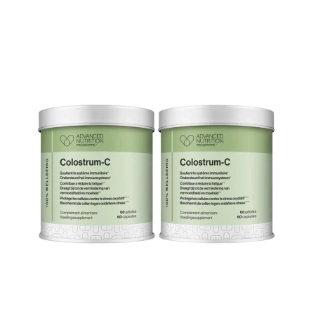 Two Advanced Nutrition Programme Colostrum-C tins with green labels for a 2-pack supplement set.