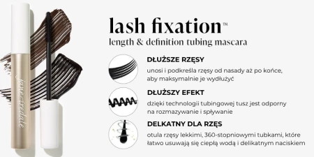 Jane Iredale Lash Fixation promotional graphic with key mascara benefits.