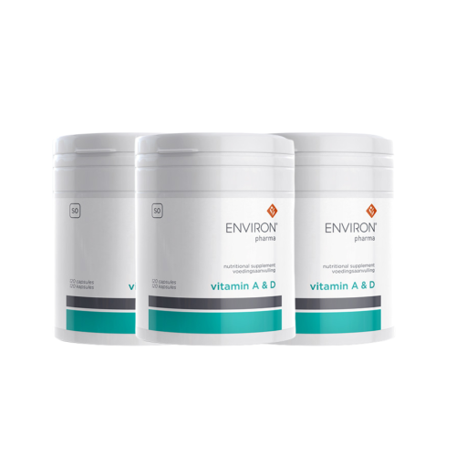 Three ENVIRON PHARMA Vitamin A & D supplement tubes shown as a 3-pack set.