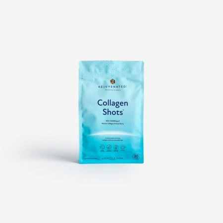 Light blue Rejuvenated Collagen Shots powder tub for a marine collagen beauty drink.
