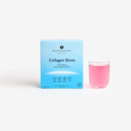 Rejuvenated Collagen Shots box with a glass of prepared pink collagen drink.
