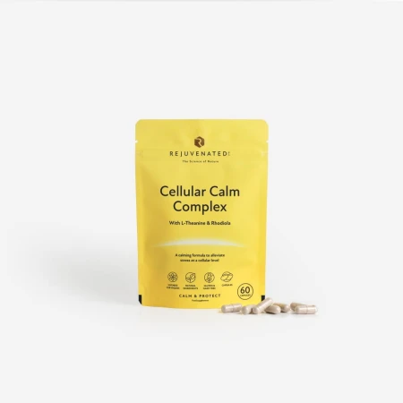 Rejuvenated Cellular Calm Complex pack with beige capsules on a light grey background.