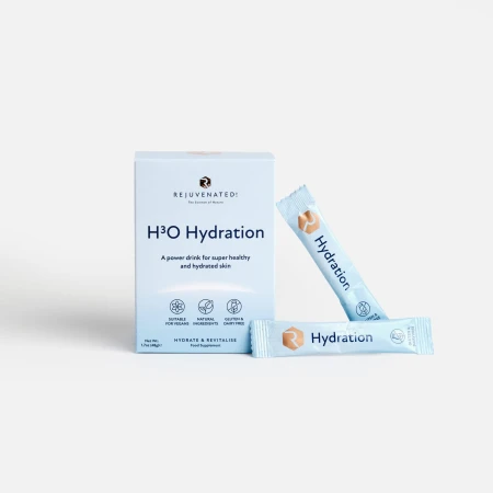 Rejuvenated H3O Hydration box with blue sachets displayed in front.