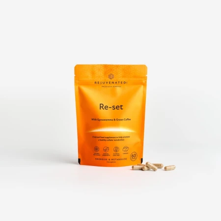 Orange Rejuvenated Re-Set capsule pack described for metabolism and energy support.