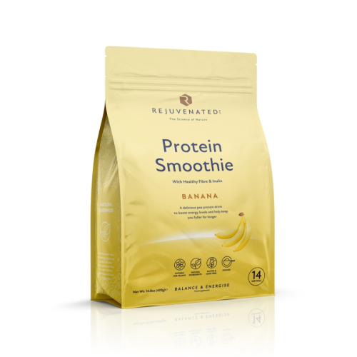 Rejuvenated Protein Smoothie Banana beige pouch with banana illustration.