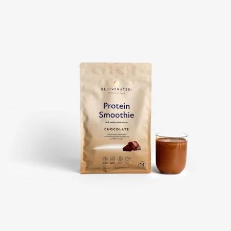 Rejuvenated Protein Smoothie Chocolate pack with a glass of prepared chocolate drink.