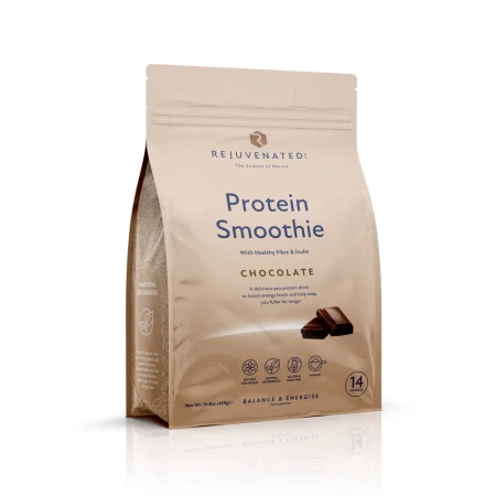 Main Rejuvenated Protein Smoothie Chocolate beige pack with fibre and inulin messaging.