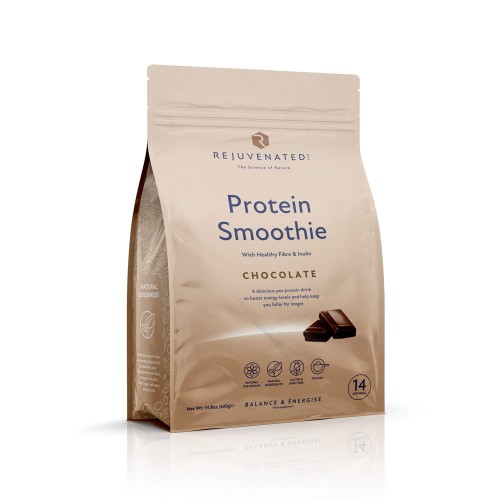 Main Rejuvenated Protein Smoothie Chocolate beige pack with fibre and inulin messaging.