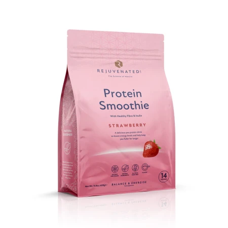 Main Rejuvenated Protein Smoothie Strawberry pink pouch with strawberry illustration.