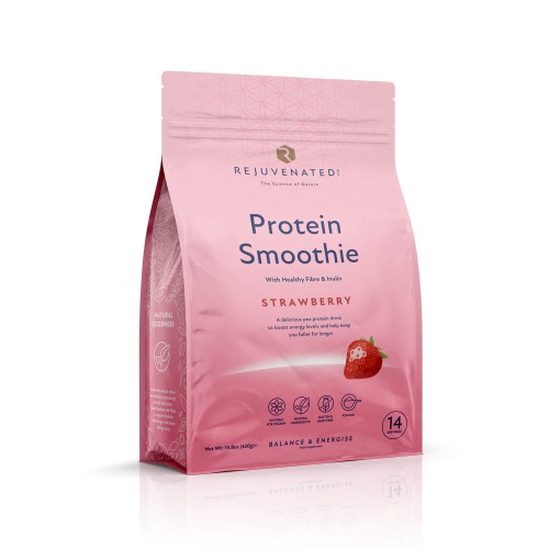 Main Rejuvenated Protein Smoothie Strawberry pink pouch with strawberry illustration.
