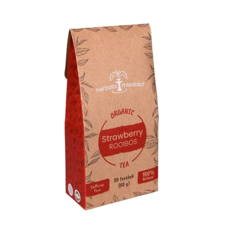 Front packshot of SAROOBOS Rooibos Strawberry Tea with pink packaging and 20 natural caffeine-free tea bags.