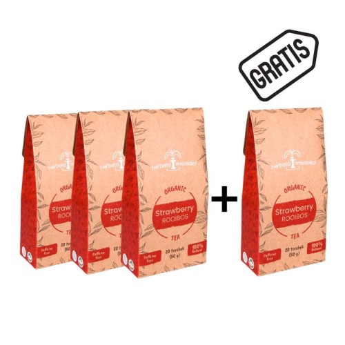 Rooibos Strawberry Tea 3 + 1 FREE set in pink strawberry-flavour packaging.