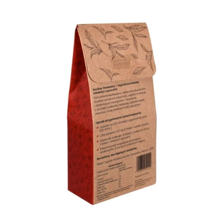 Front packshot of SAROOBOS Rooibos Strawberry Tea in white and pink packaging.