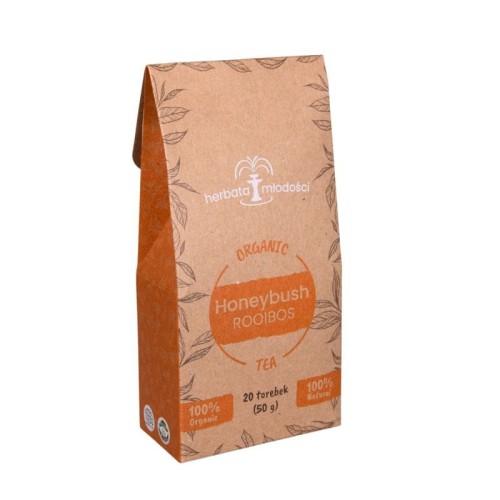 Front packshot of SAROOBOS Rooibos Honeybush Tea with 20 natural caffeine-free tea bags.