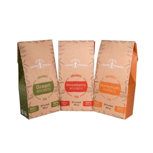 Three SAROOBOS tea flavours arranged in a semicircle: Green Rooibos, Strawberry and Honeybush.