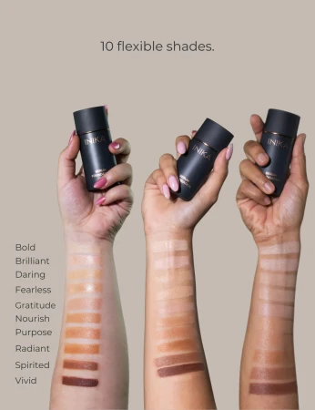 INIKA Organic Serum Foundation shades shown on different skin tones.