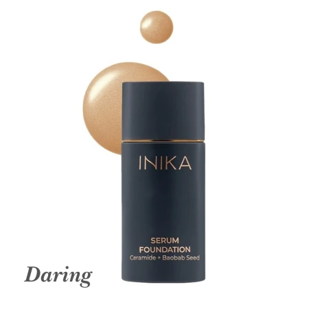 INIKA Organic Serum Foundation shade Daring with medium beige swatch.