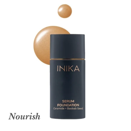 INIKA Organic Serum Foundation shade Nourish with warm medium beige swatch.