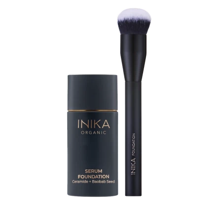 INIKA Organic Serum Foundation with the INIKA Foundation Brush on a clean white background.