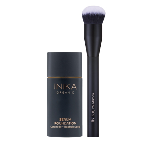 INIKA Organic Serum Foundation with the INIKA Foundation Brush on a clean white background.