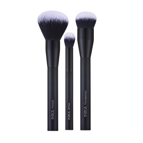INIKA Organic Brushes Trio Set product graphic with makeup brushes