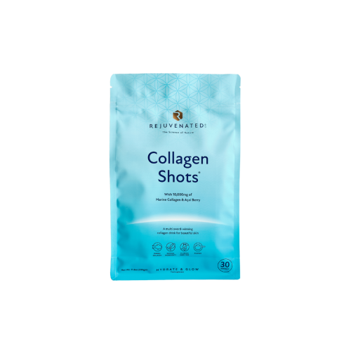 Main Rejuvenated Collagen Shots powder tub in light blue packaging.