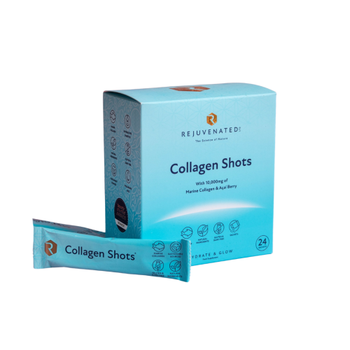 Main Rejuvenated Collagen Shots sachet box with marine collagen and acai messaging.