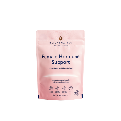 Main Rejuvenated Female Hormone Support pink pack with botanical hormone-balance messaging.
