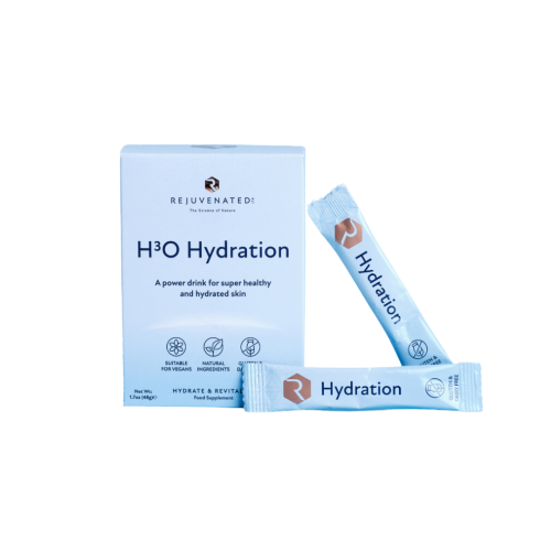Main Rejuvenated H3O Hydration box with two blue sachets.