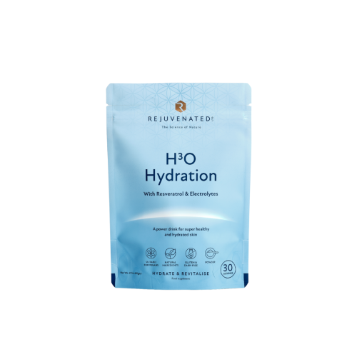 Close-up of a blue REJUVENATED H3O Hydration sachet with electrolytes and trans-resveratrol