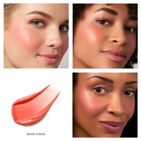 Jane Iredale ColorLuxe Liquid Blush in Wild Child shown on three skin tones with a coral shade swatch.