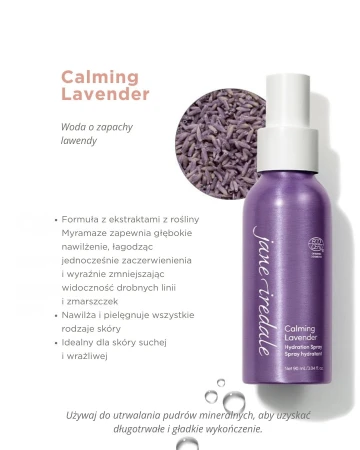 Jane Iredale Lavender Hydration Spray 90 ml bottle with product benefit callouts.