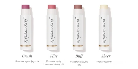 Four Jane Iredale Lip Drink lip balm shades in white stick packaging.