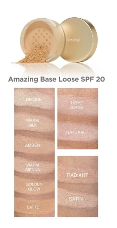 Amazing Base Loose SPF 20 powder swatches on skin in a range from very light to deeper shades.