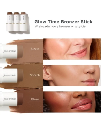 Educational graphic showing Glow Time Bronzer Stick shades on cheeks.