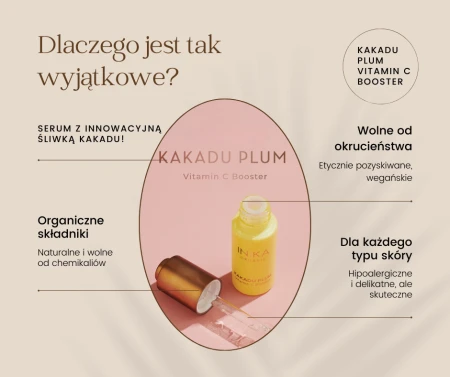 INIKA Organic Kakadu Plum Vitamin C Booster graphic highlighting key serum benefits
