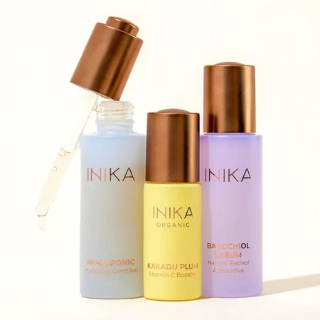 INIKA Organic serum trio with Hyaluronic Hydration Complex, Kakadu Plum Vitamin C Booster and Bakuchiol Serum