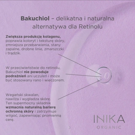 Na grafice przedstawiono zalety Bakuchiolu, głównego składnika serum marki INIKA Organic, jako delikatnej i naturalnej alternatywy dla Retinolu. Tło jest jasnofioletowe, z ilustracją kropli serum i opisem w eleganckim, minimalistycznym stylu.