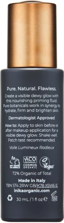 Na zdjęciu znajduje się tył butelki produktu INIKA Organic Radiant Glow Veil na białym tle. Buteleczka jest widoczna od tyłu z opisem działania i używania