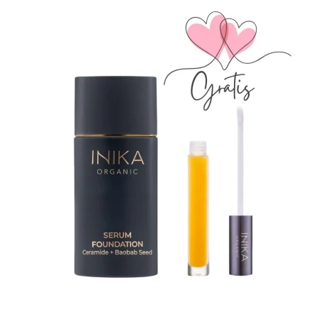 INIKA Organic Serum Foundation with a complimentary golden Lip Serum and applicator.