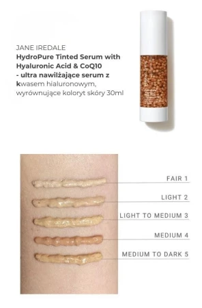 HydroPure Tinted Serum shade swatches on a forearm with light to medium skin tone.