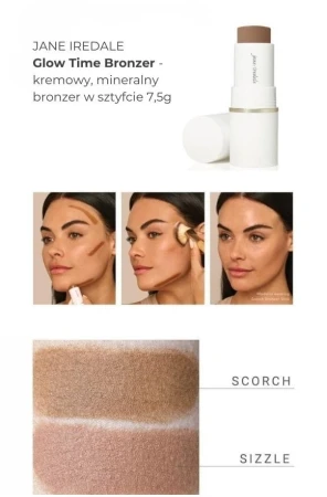 Glow Time Bronzer Stick swatches on light and medium skin tones.