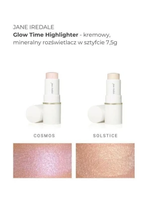 Jane Iredale Glow Time Highlighter Stick in shades Cosmos and Solstice with matching luminous swatches.