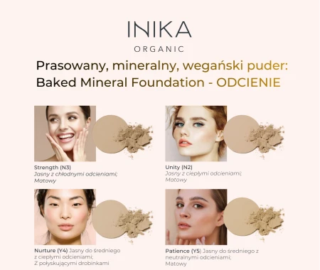 Four INIKA Organic Baked Mineral Foundation shades with open compacts, shade names and model faces.