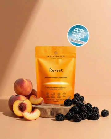 Rejuvenated Re-Set orange pack with peaches, blackberries and award badge.