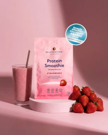 Rejuvenated Protein Smoothie Strawberry pack with smoothie, strawberries and award badge.