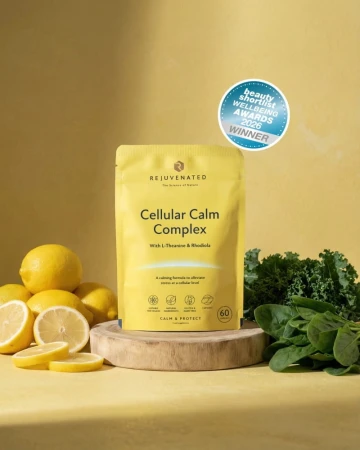 Rejuvenated Cellular Calm Complex yellow pack with lemon, leaves and award badge.